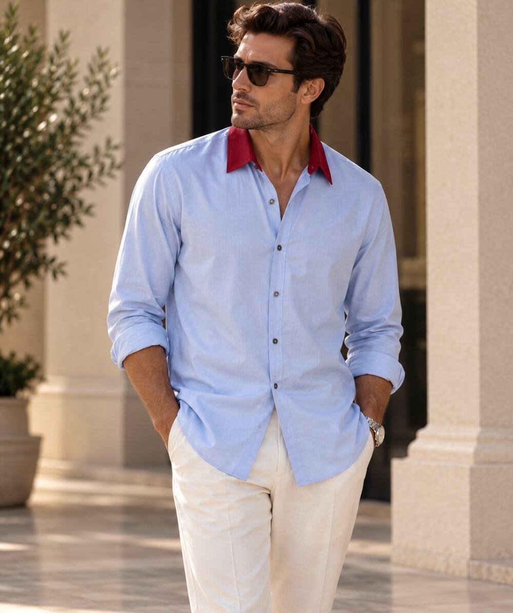 GUCCI Cotton Poplin Button Down Shirt Blue Red Collar Sz 44/17.5 $950 {H20}